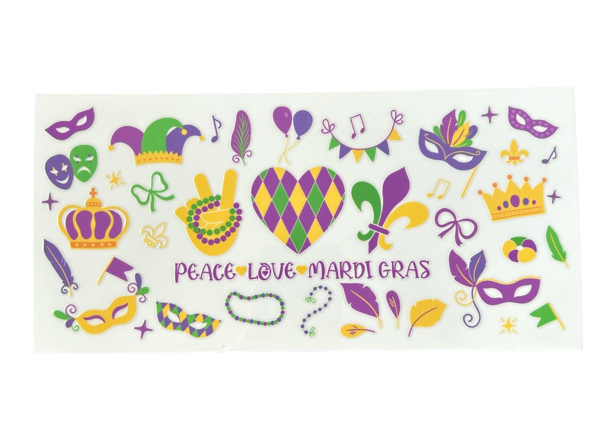 Sticker sheet with Mardi Gras-themed icons and 'Peace Love Mardi Gras' text on a white background