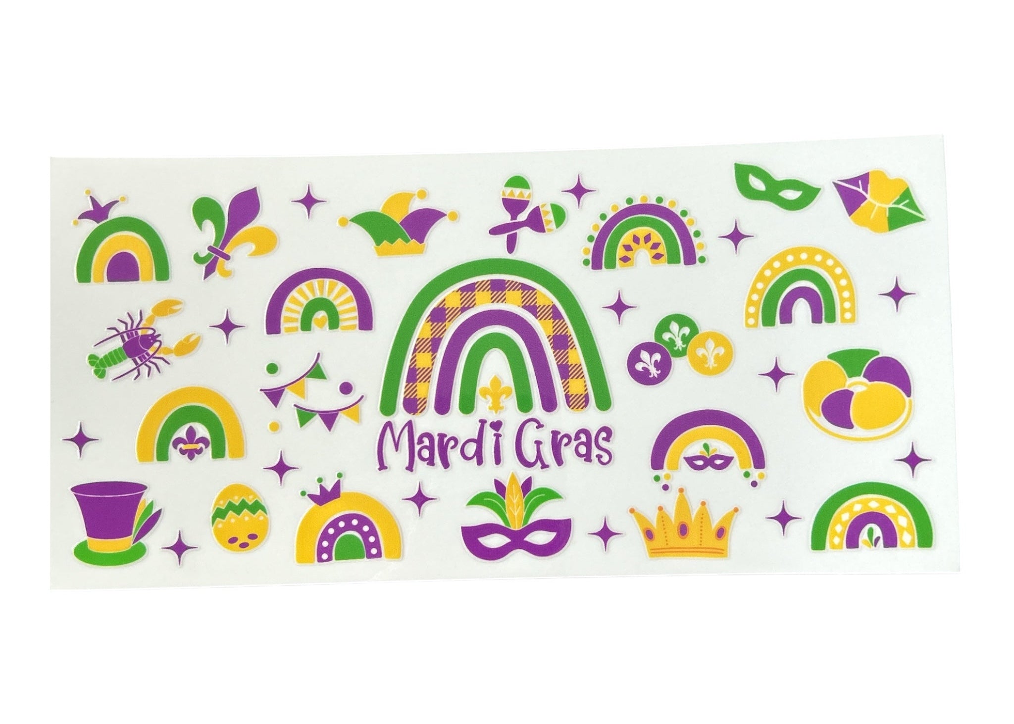 Sheet of Mardi Gras-themed stickers with colorful designs on a white background