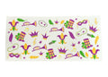 Sheet of Mardi Gras-themed stickers with colorful designs on a white background.