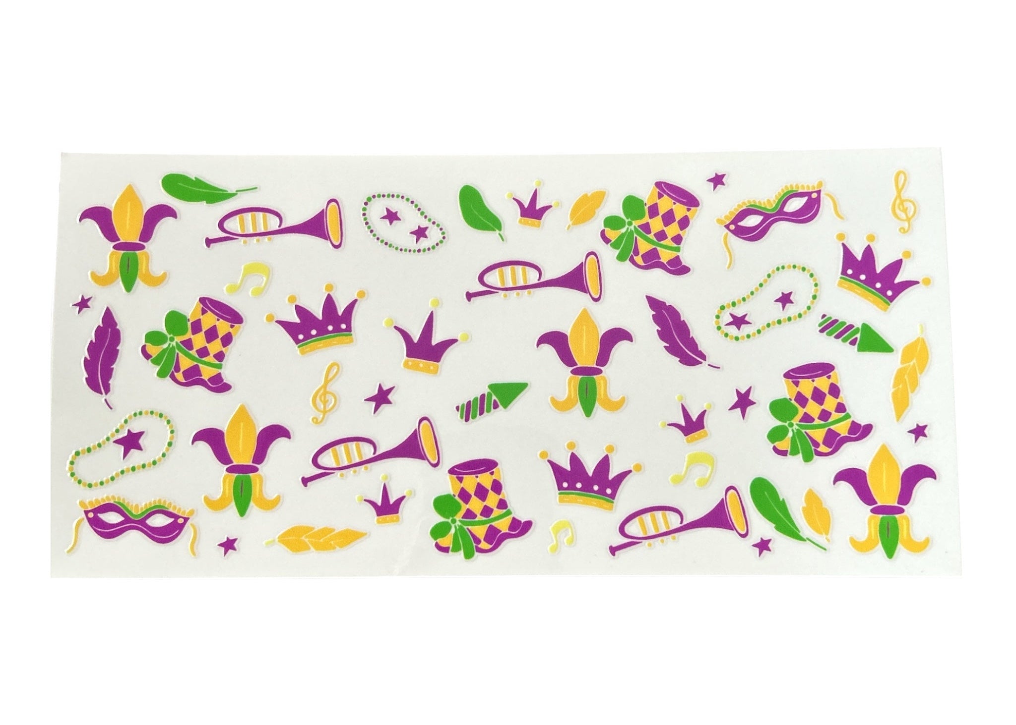 Sheet of Mardi Gras-themed stickers with colorful designs on a white background.