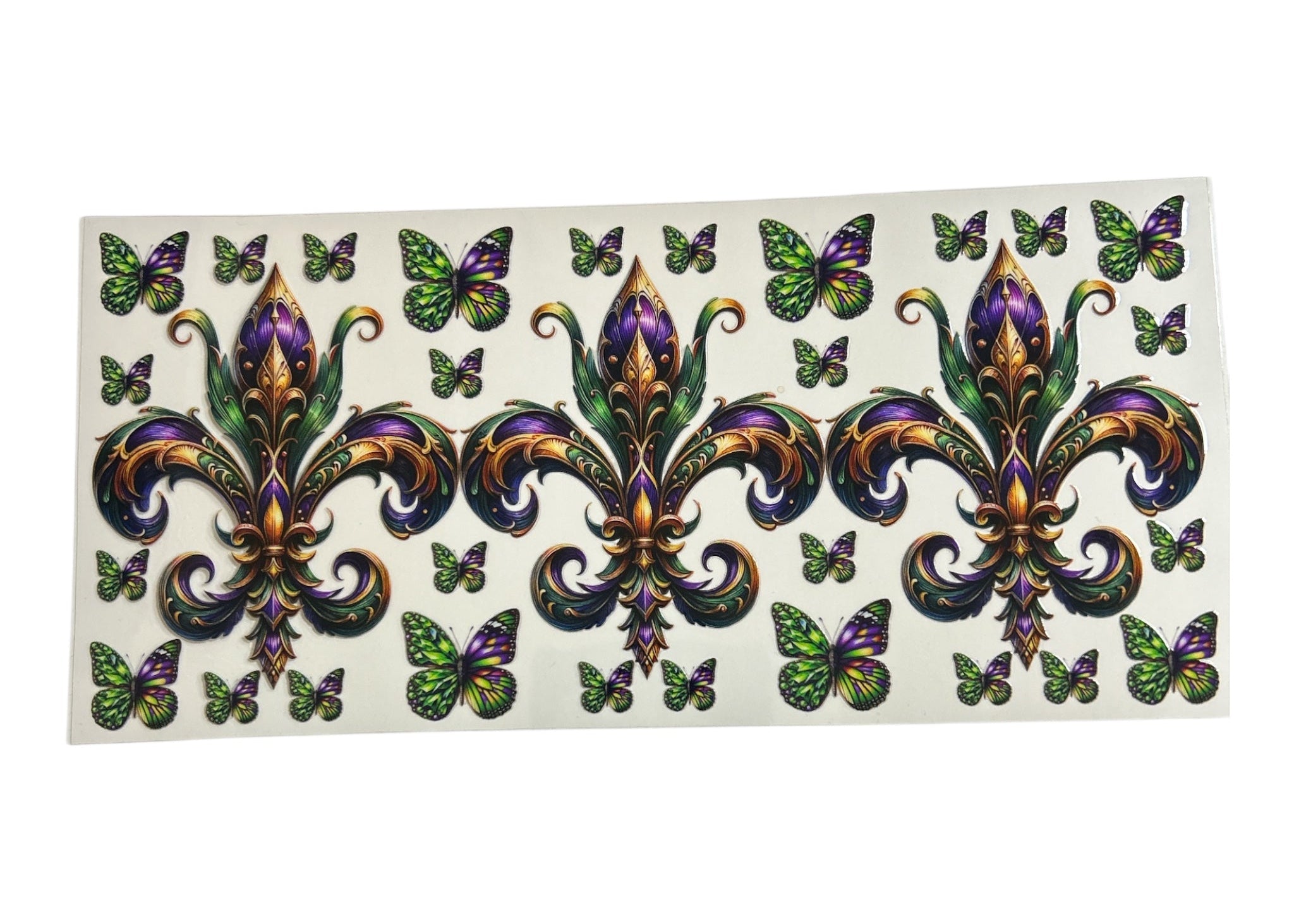 Decorative sticker with fleur-de-lis and butterfly design on a white background