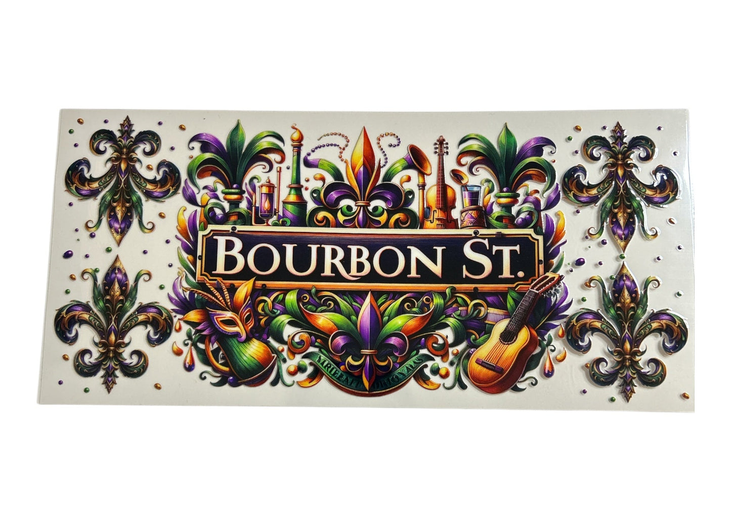 Decorative cup wrap with 'Bourbon St.' text surrounded by colorful Mardi Gras elements on a white background.