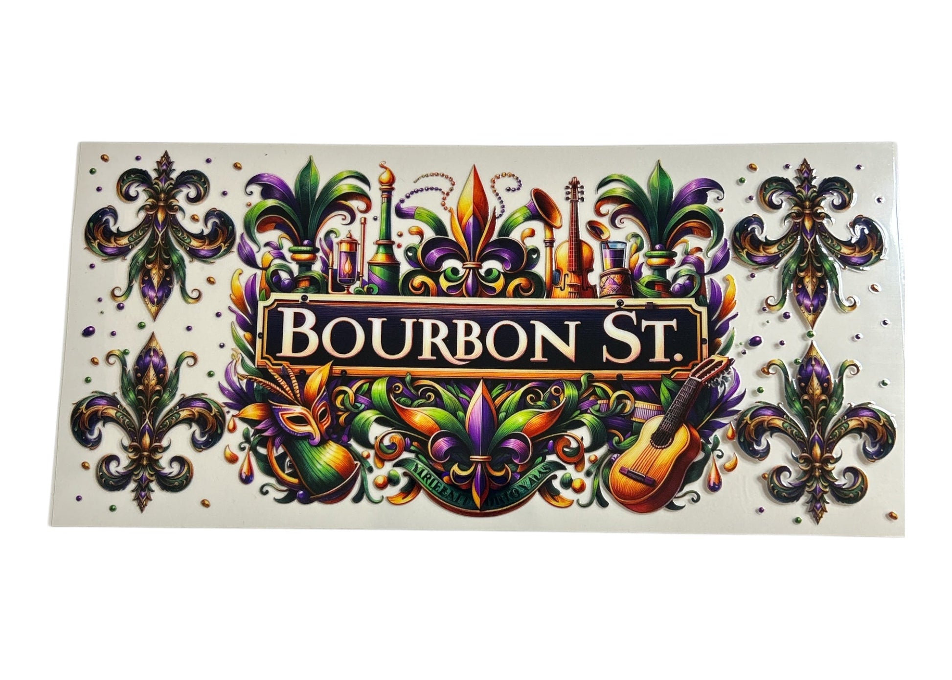 Decorative cup wrap with 'Bourbon St.' text surrounded by colorful Mardi Gras elements on a white background.