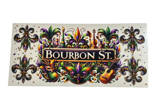 Decorative cup wrap with 'Bourbon St.' text surrounded by colorful Mardi Gras elements on a white background.