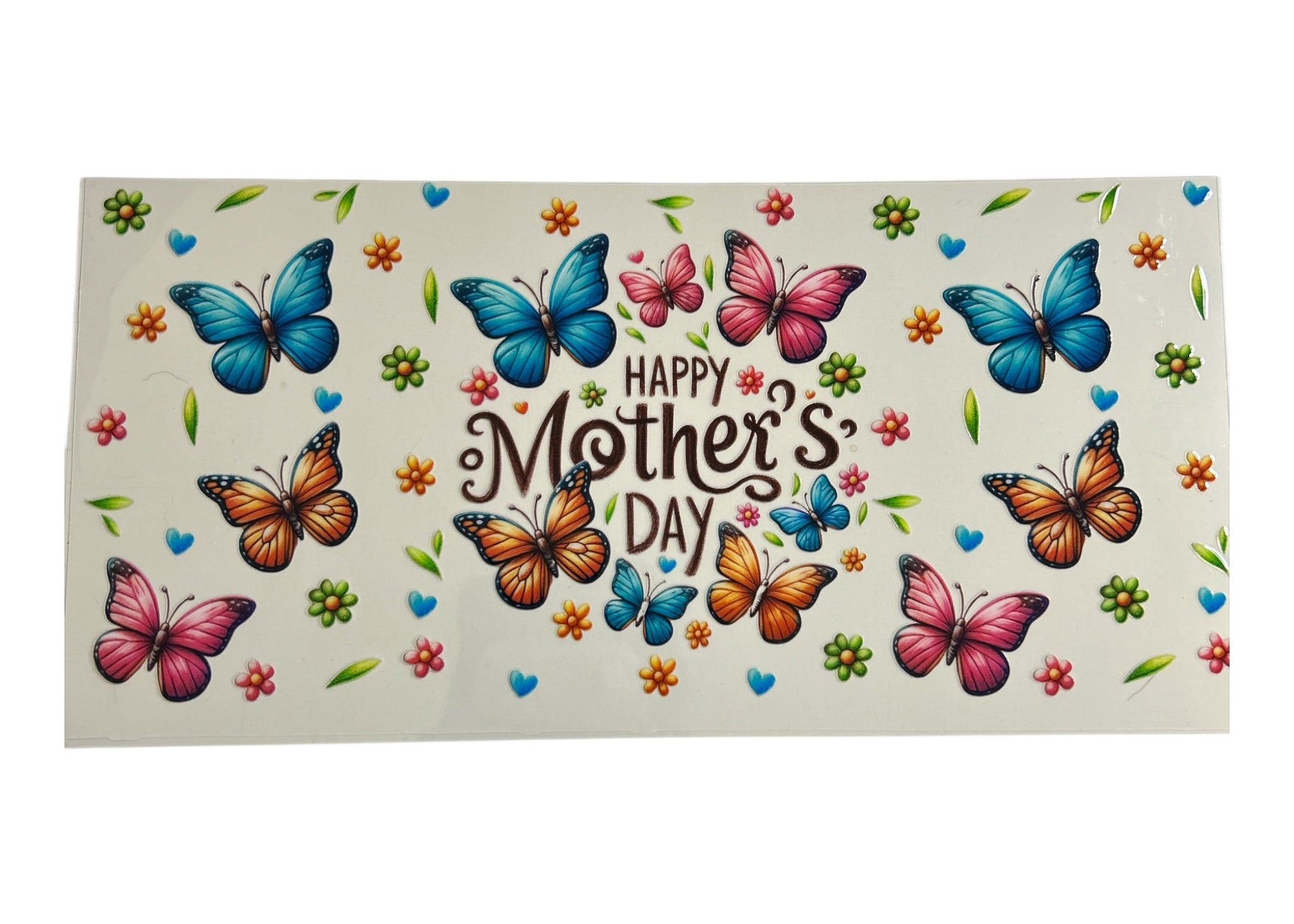 Cup wrap with colorful butterflies and 'Happy Mother's Day' text on a white background