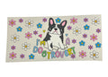 Sticker with a dog illustration and floral design on a beige background