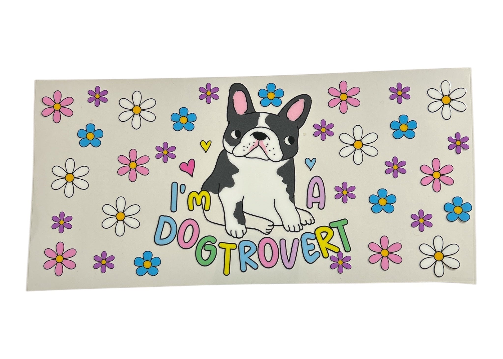 Sticker with a dog illustration and floral design on a beige background