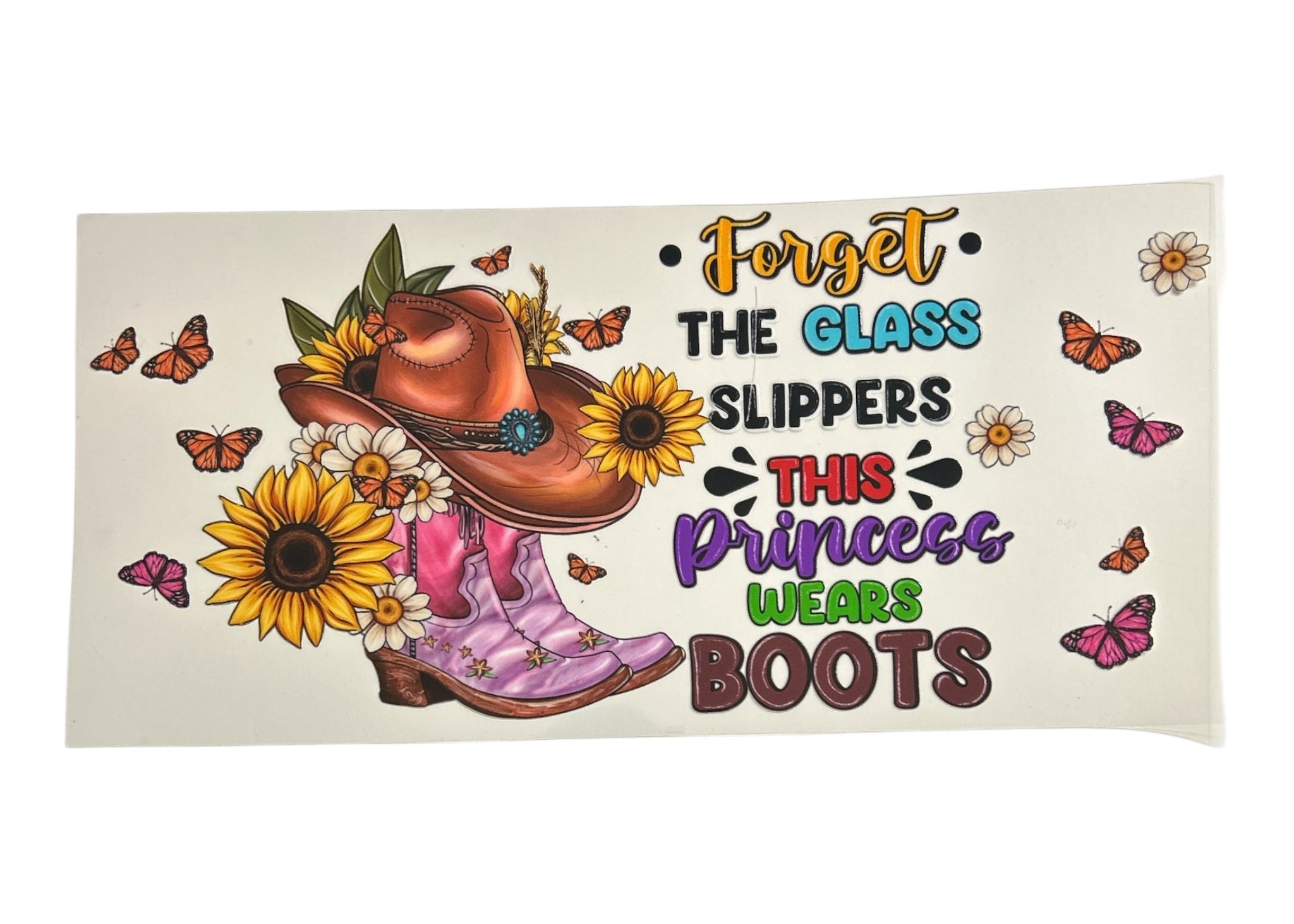 Decorative cup wrap with cowboy boots, sunflowers, and butterflies on a beige background.