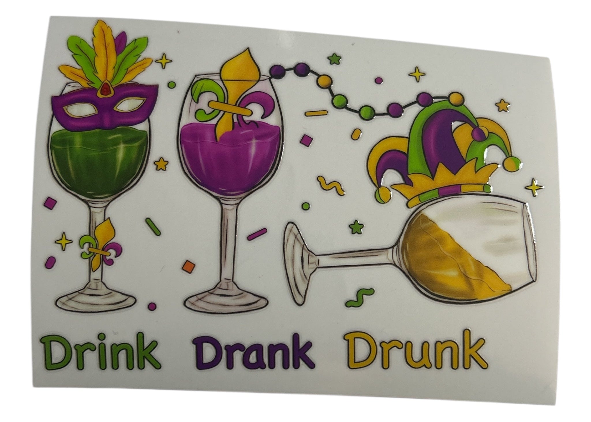 Sticker with Mardi Gras-themed glasses and text 'Drink Drank Drunk' on a white background