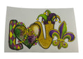Decorative sticker with 'LOVE' in colorful Mardi Gras-themed letters on a white background