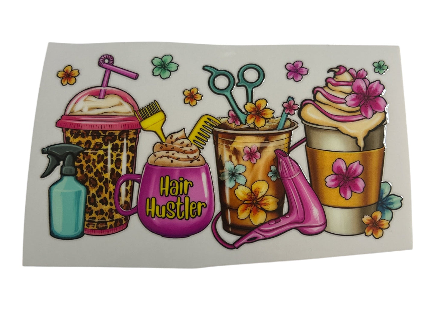 Colorful illustration of hair care items including a cup, hairbrush, spray bottle, and scissors on a white background.
