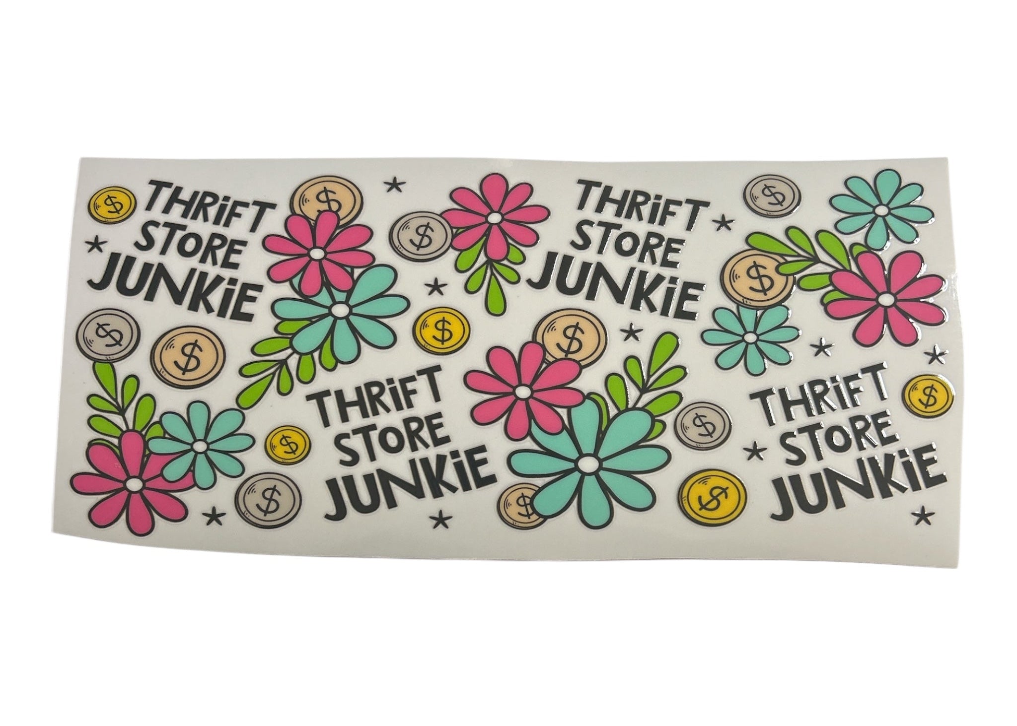 Sticker with 'Thrift Store Junkie' text and floral designs on a white background