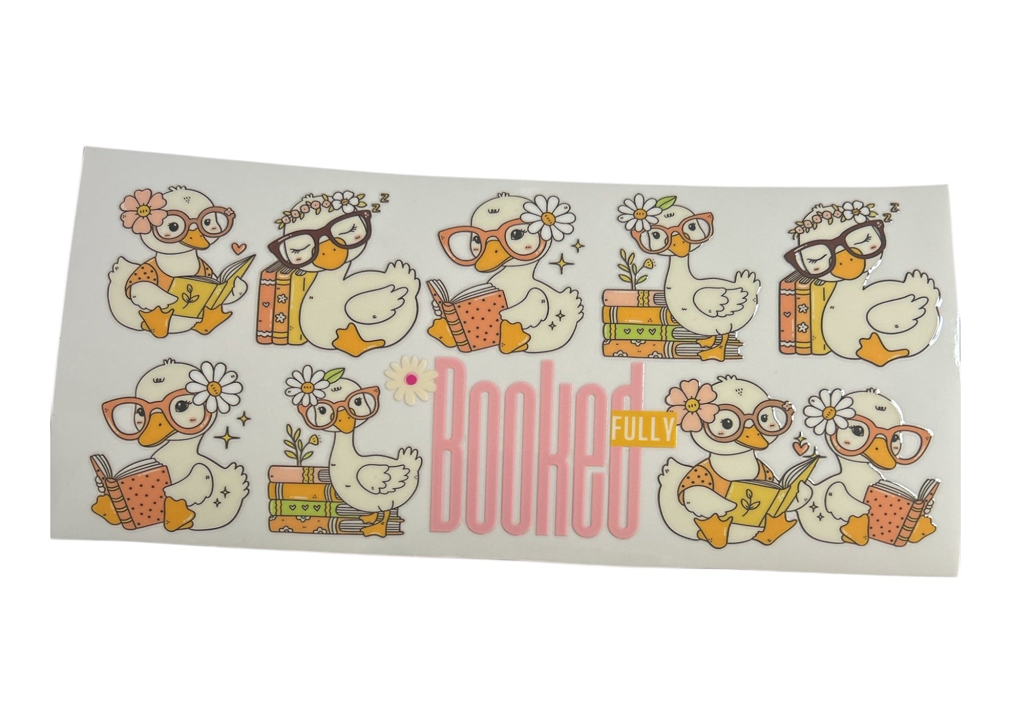 Sheet of stickers with cartoon ducks and the word 'Fully Booked' on a white background