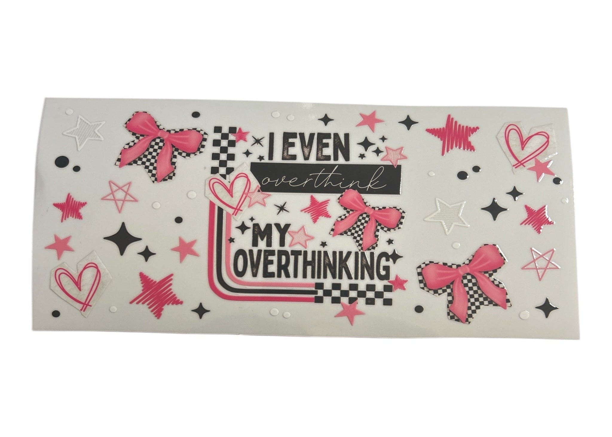 Decorative sticker with text and pink graphics on a white background