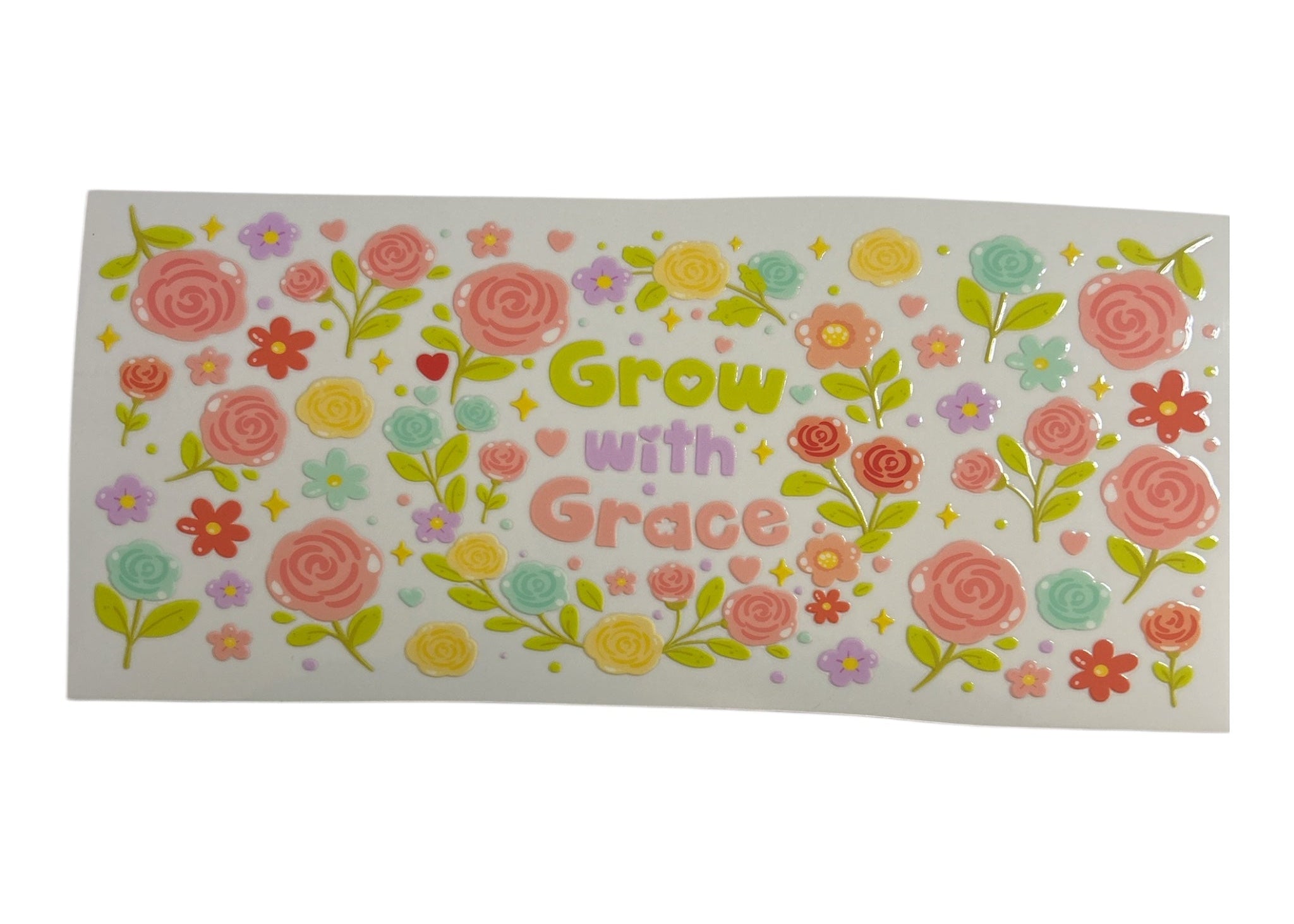 Decorative sticker with floral design and 'Grow with Grace' text on a white background