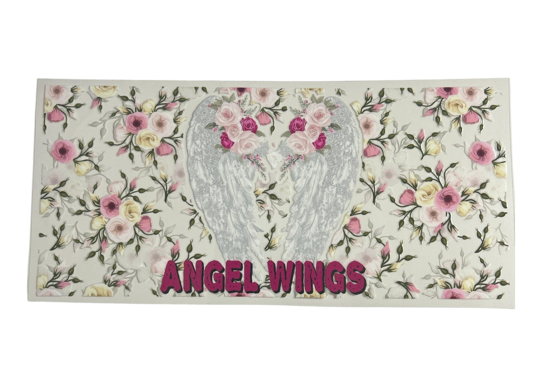 Decorative sticker with floral design and 'Angel Wings' text on a white background