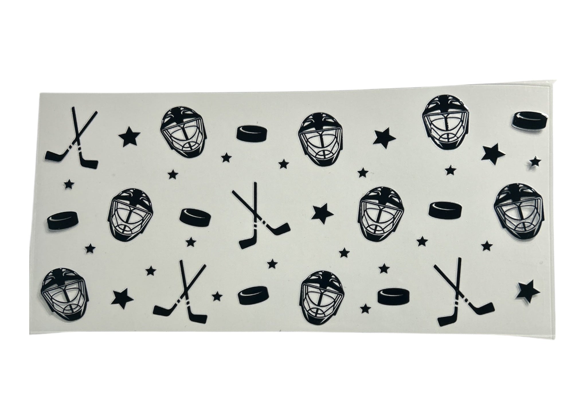 Sheet of hockey-themed cup wrap stickers with helmets, sticks, and pucks on a white background.