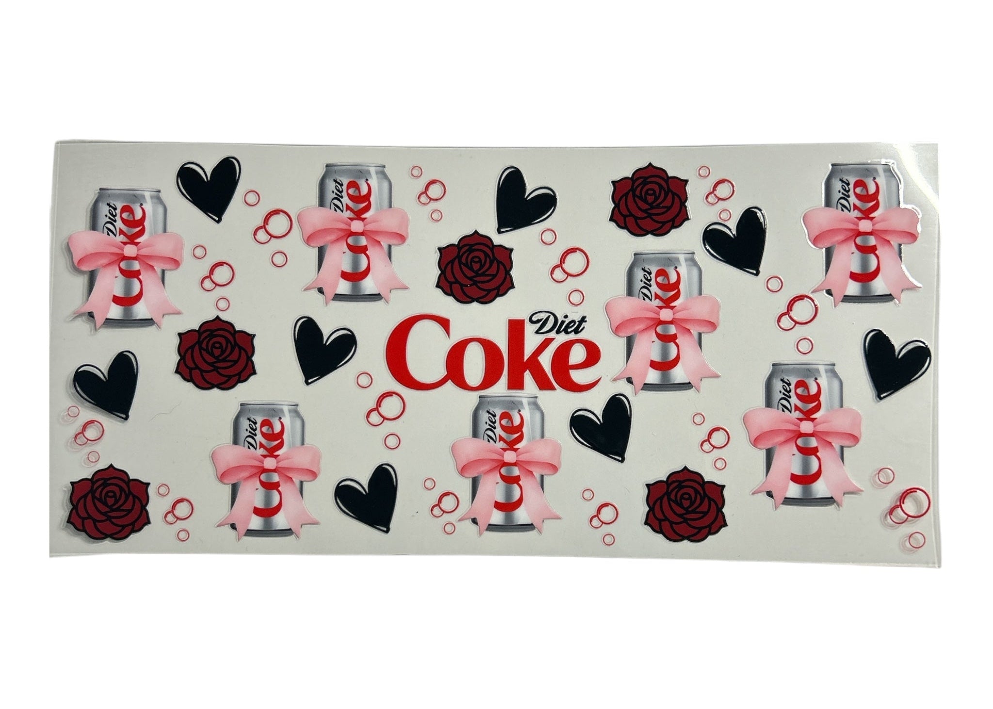 Diet Coke-themed cup wrap decal sheet with roses, hearts, and bow designs on a clear background.