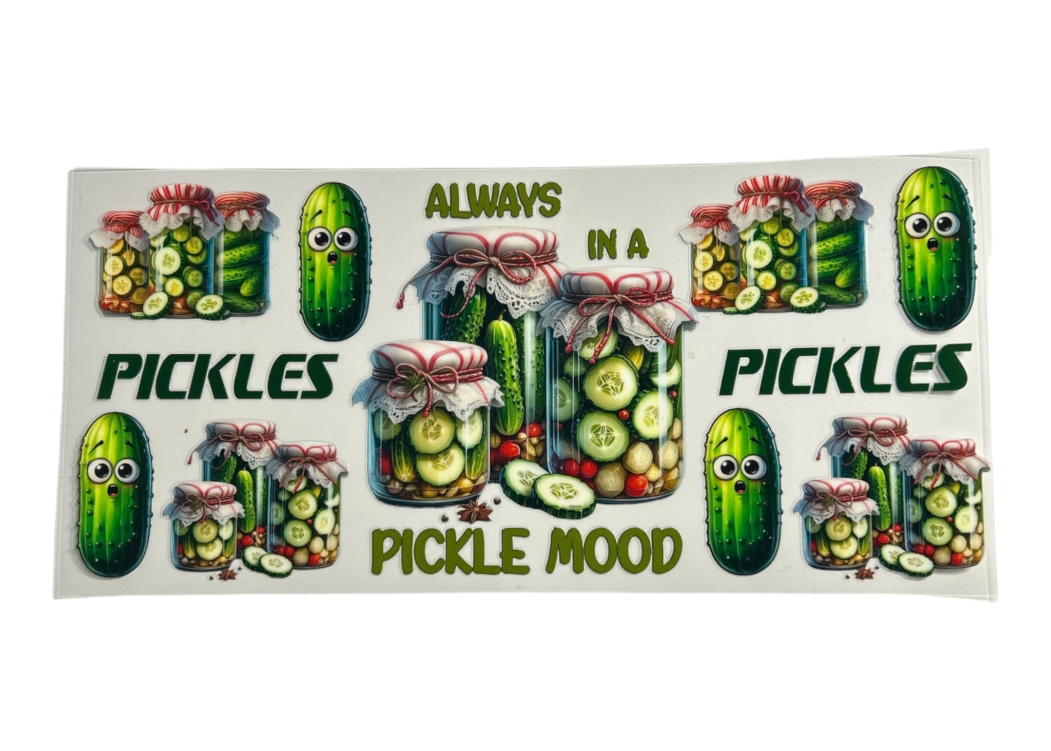 Sticker with pickle-themed designs and text on a white background