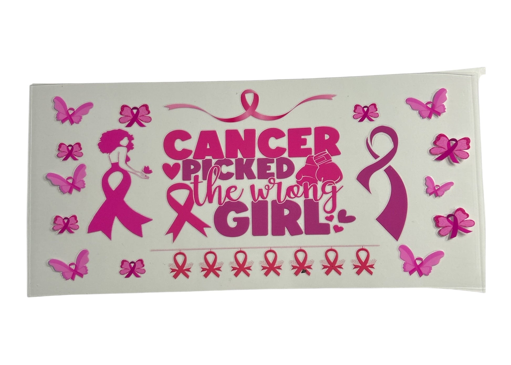 Decorative cup wrap with pink ribbons and text on a white background