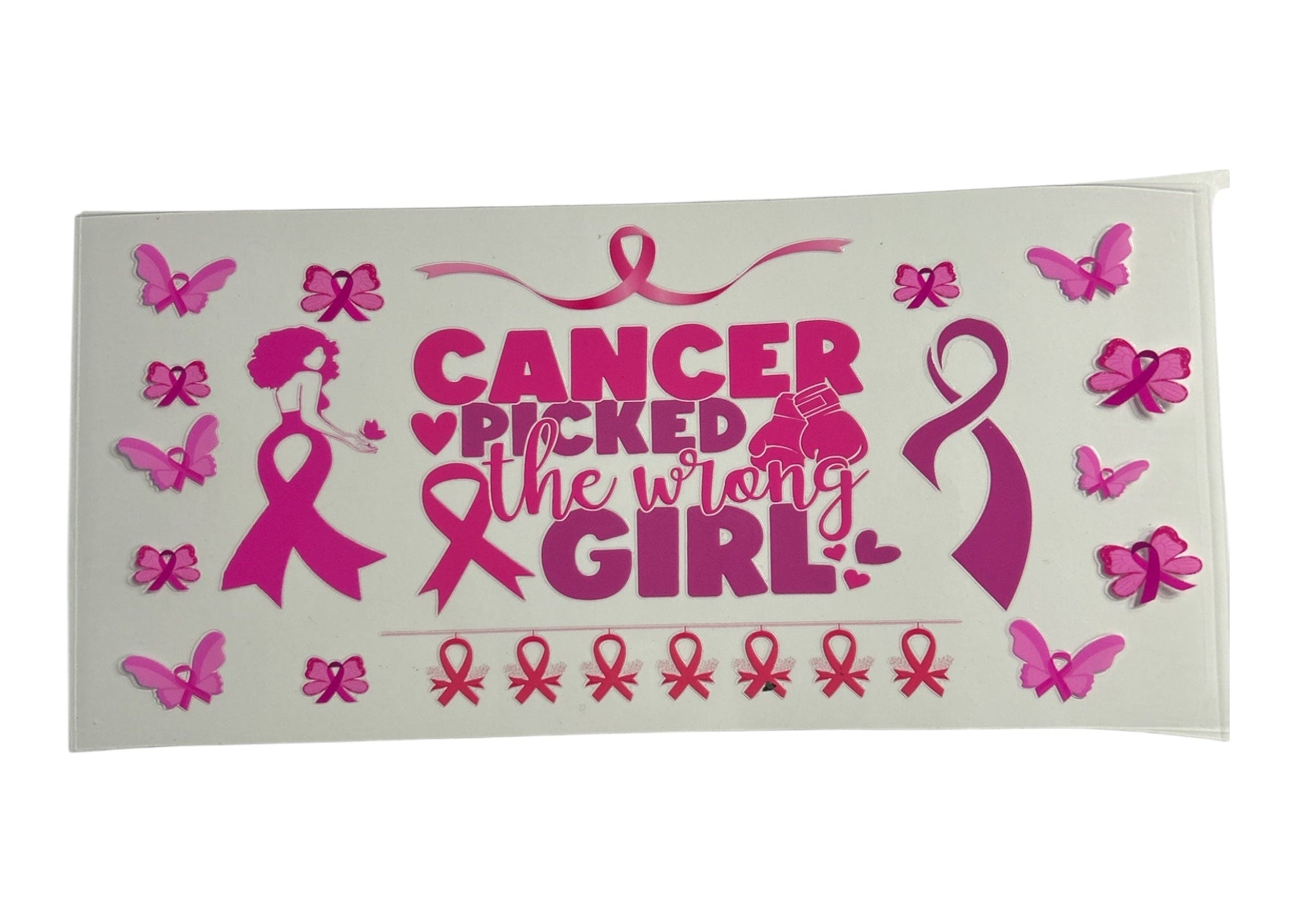 Decorative cup wrap with pink ribbons and text on a white background