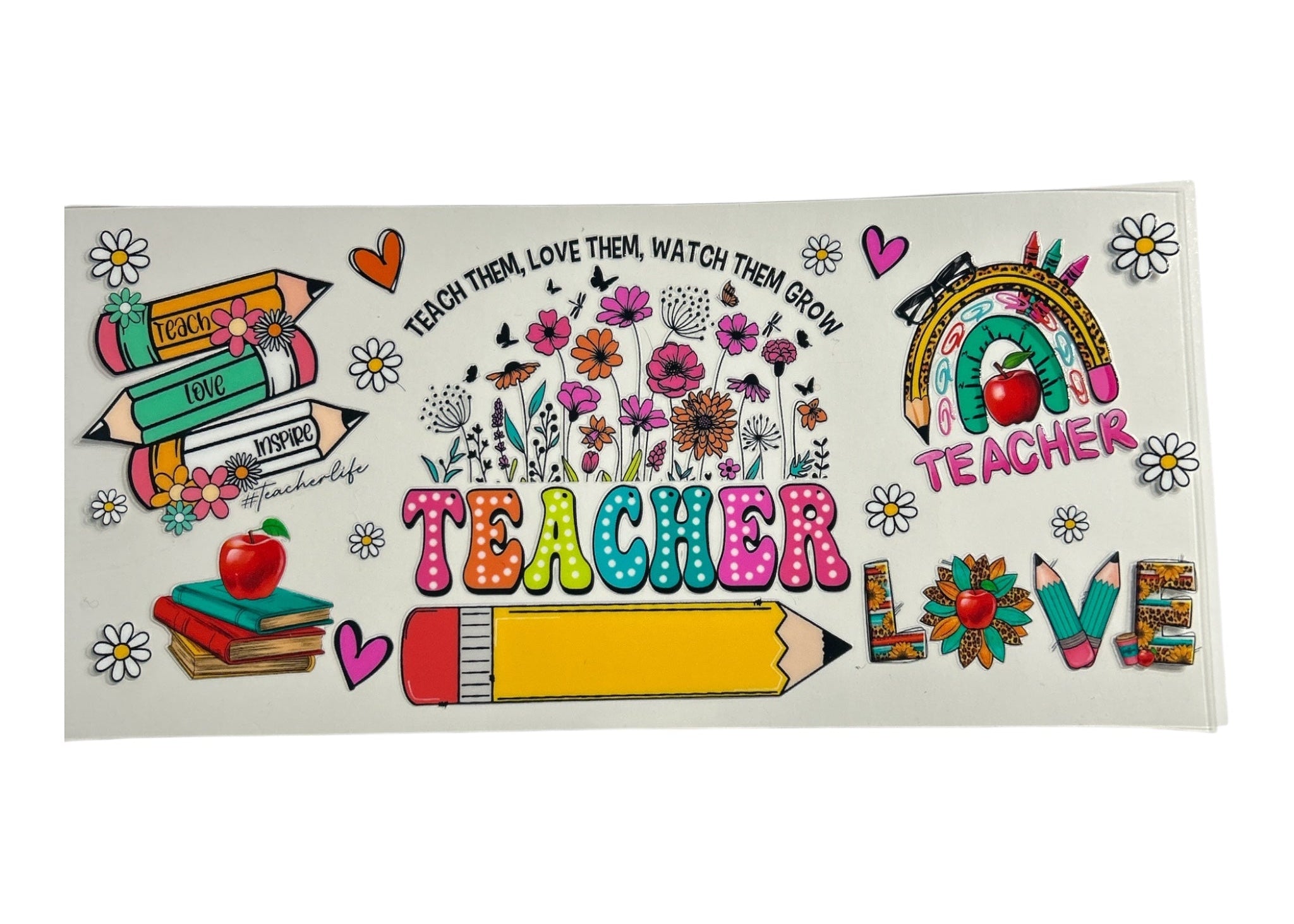 Colorful sticker with teacher-themed graphics and text on a white background