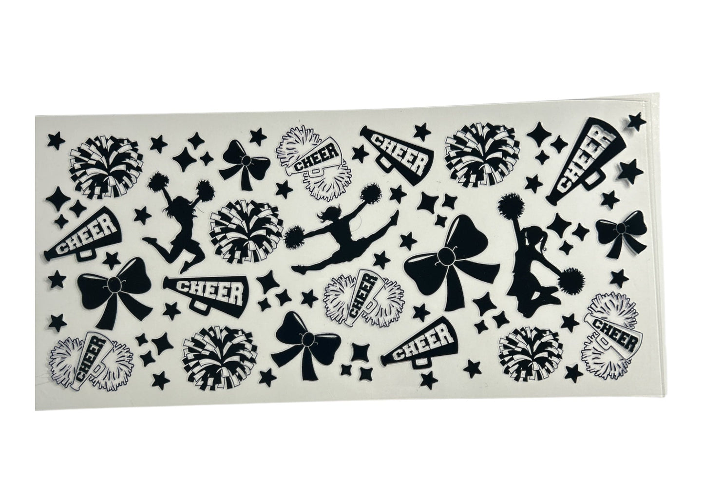 Sheet of black cheerleading-themed stickers on a clear background