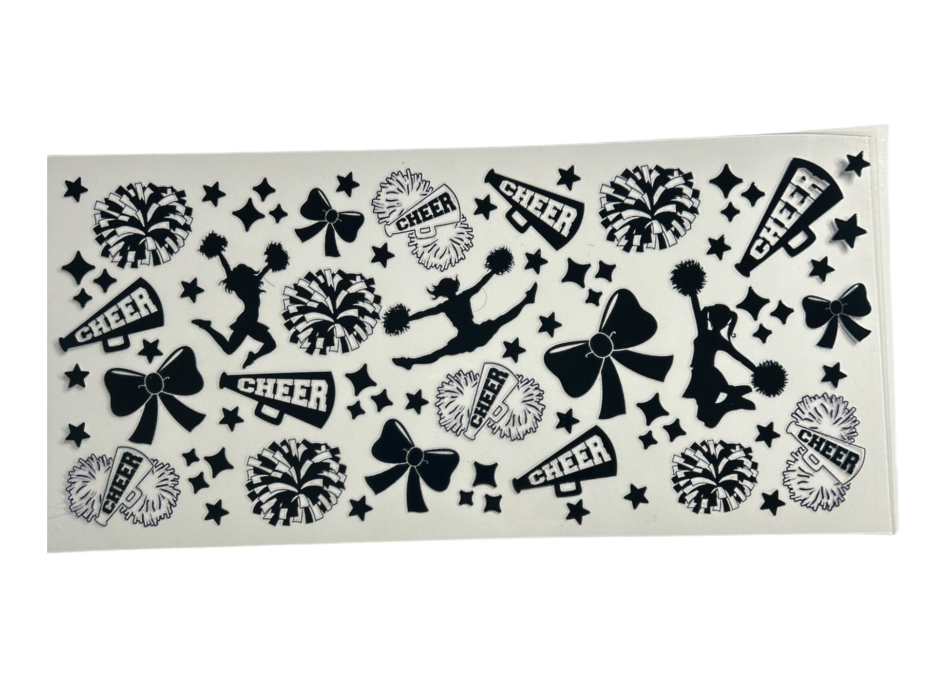 Sheet of black cheerleading-themed stickers on a clear background