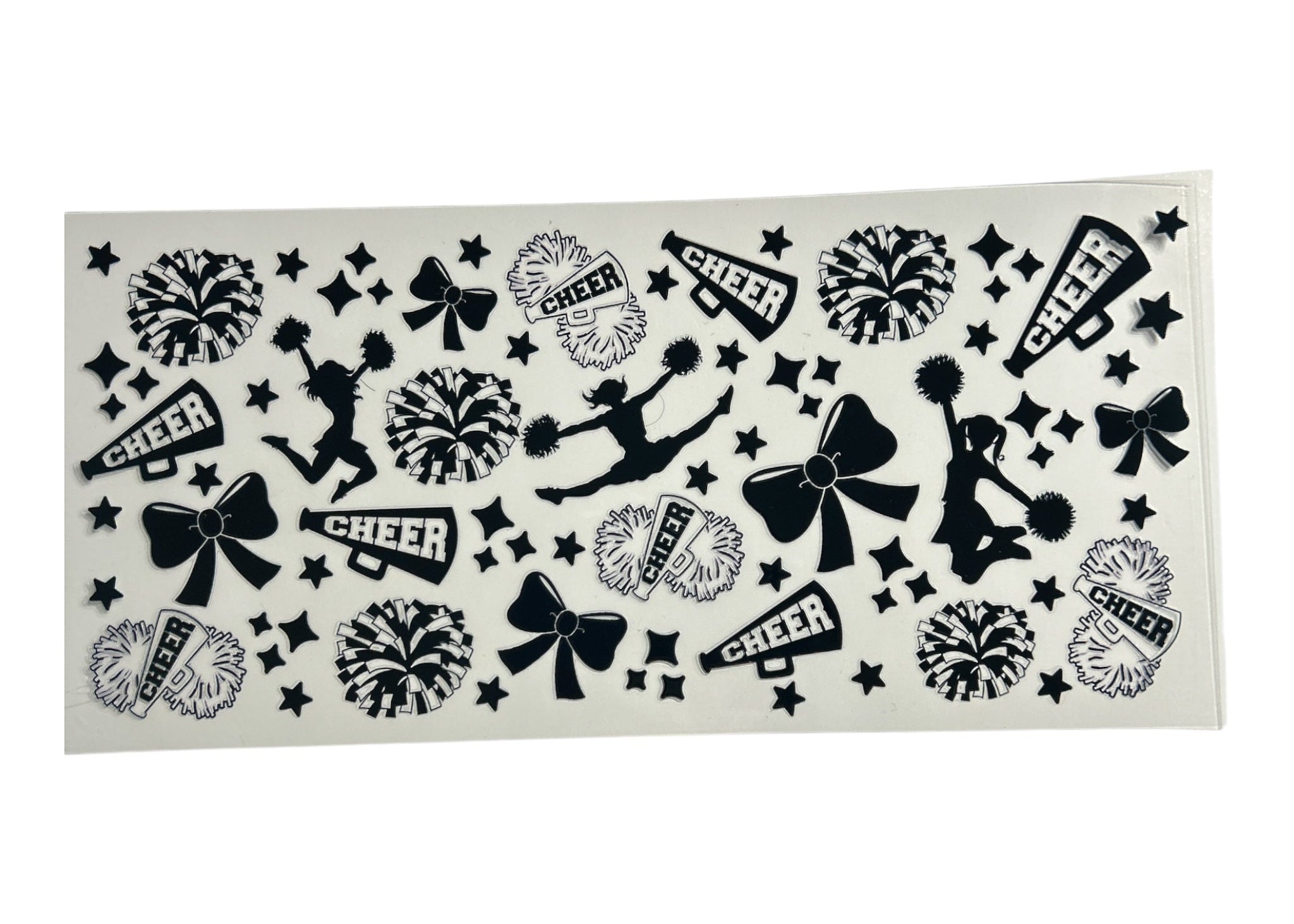 Sheet of black cheerleading-themed stickers on a clear background