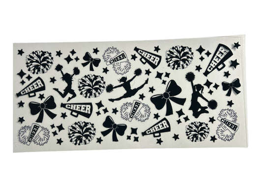 Sheet of black cheerleading-themed stickers on a clear background
