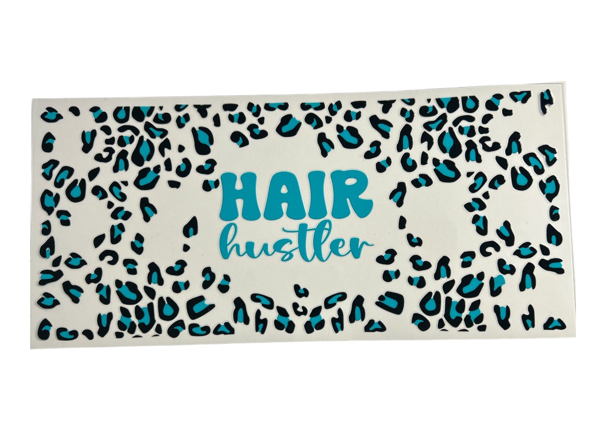 Cup wrap with blue leopard print and 'Hair hustler' text on a clear background