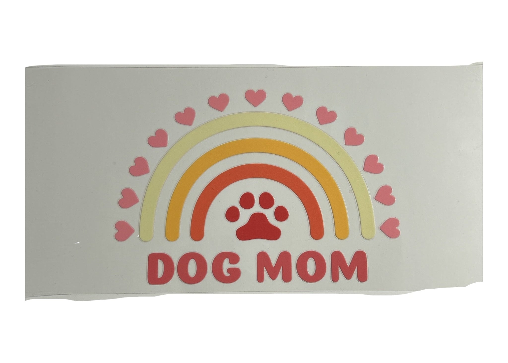 Cup wrap with rainbow, hearts, and 'DOG MOM' text on a white background