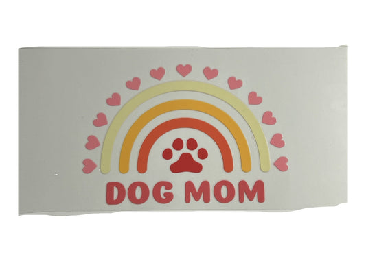 Cup wrap with rainbow, hearts, and 'DOG MOM' text on a white background