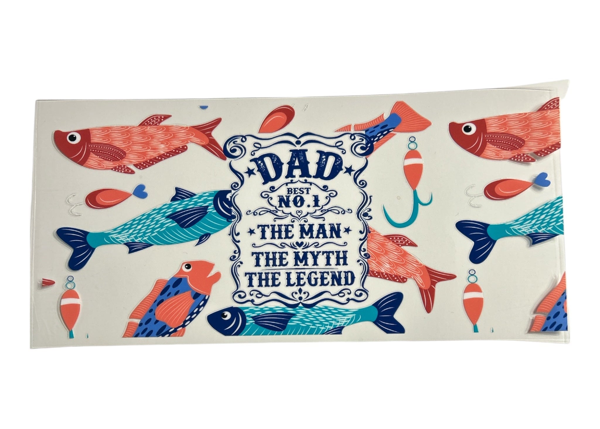 Cup wrap with fish design and text 'Dad, Best No. 1, The Man, The Myth, The Legend' on a white background