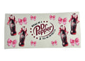 Dr Pepper bottle design with pink bows and text on a clear background