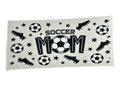 Decorative cup wrap with soccer-themed design featuring the word 'Soccer Mom' on a clear background.