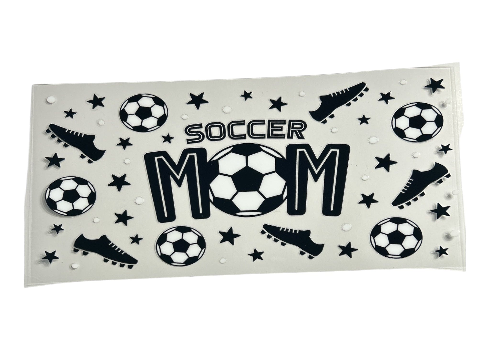 Decorative cup wrap with soccer-themed design featuring the word 'Soccer Mom' on a clear background.