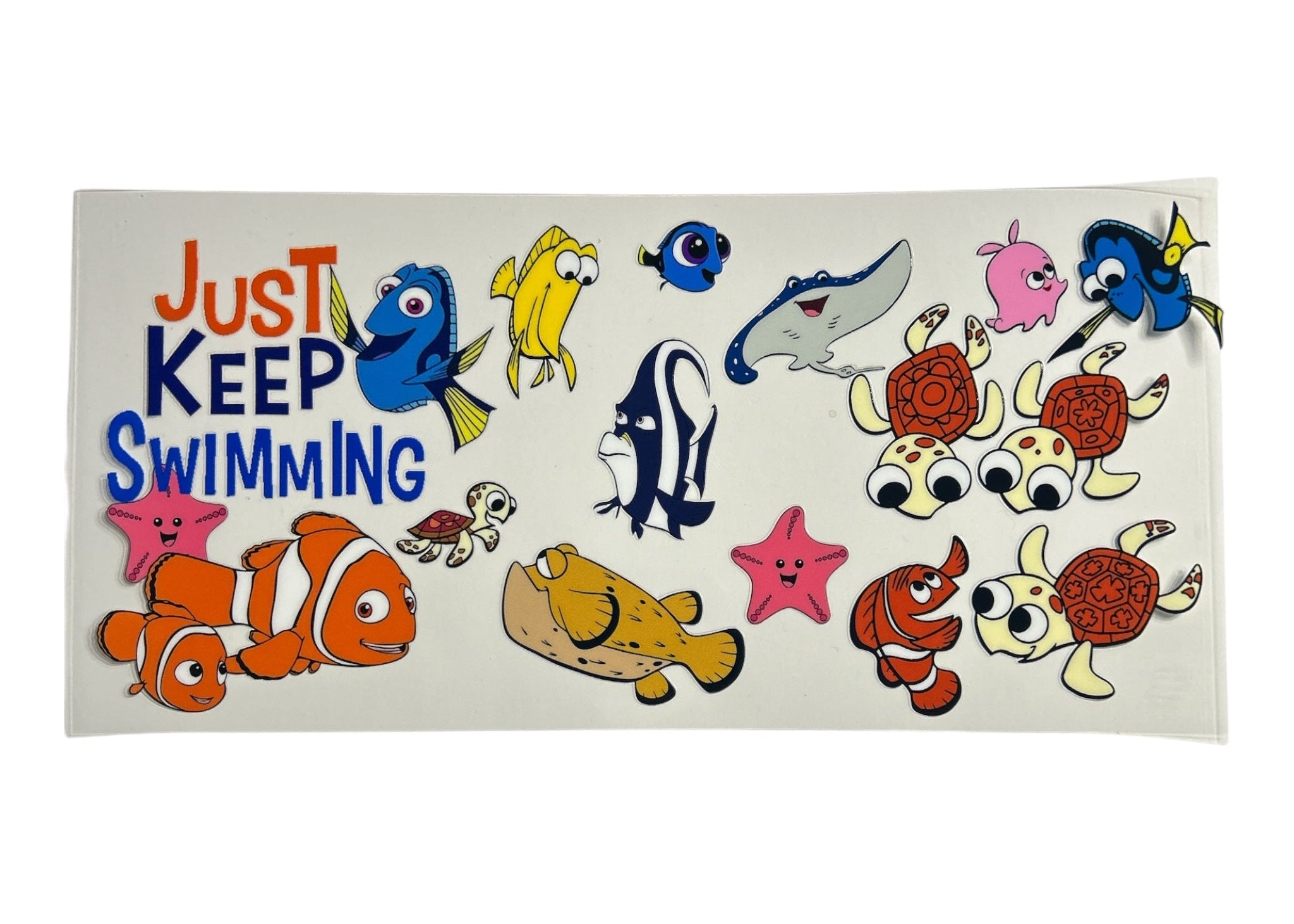 Cartoon fish stickers with 'Just Keep Swimming' text on a white background