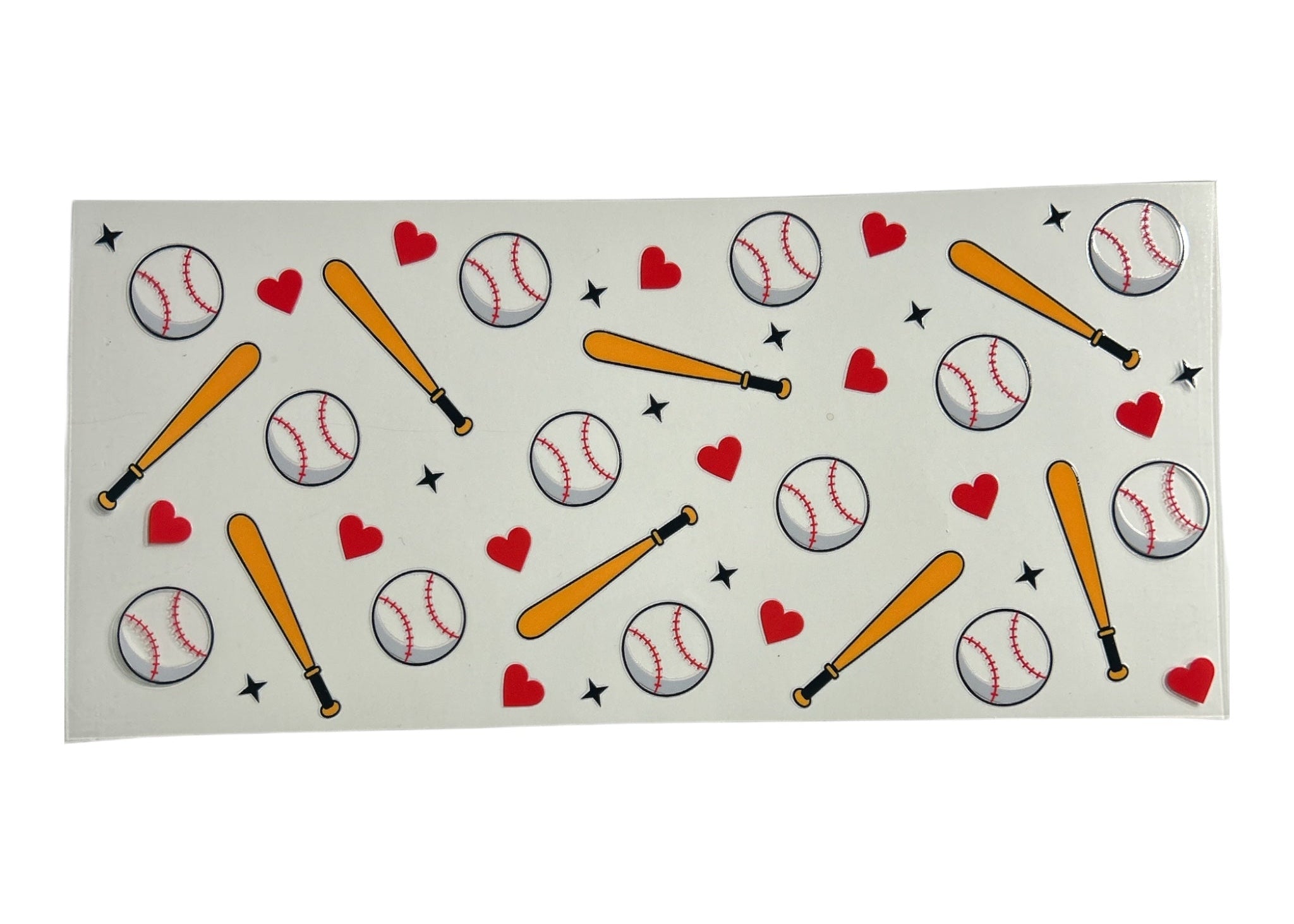 Cup wrap featuring baseballs, baseball bats, and hearts