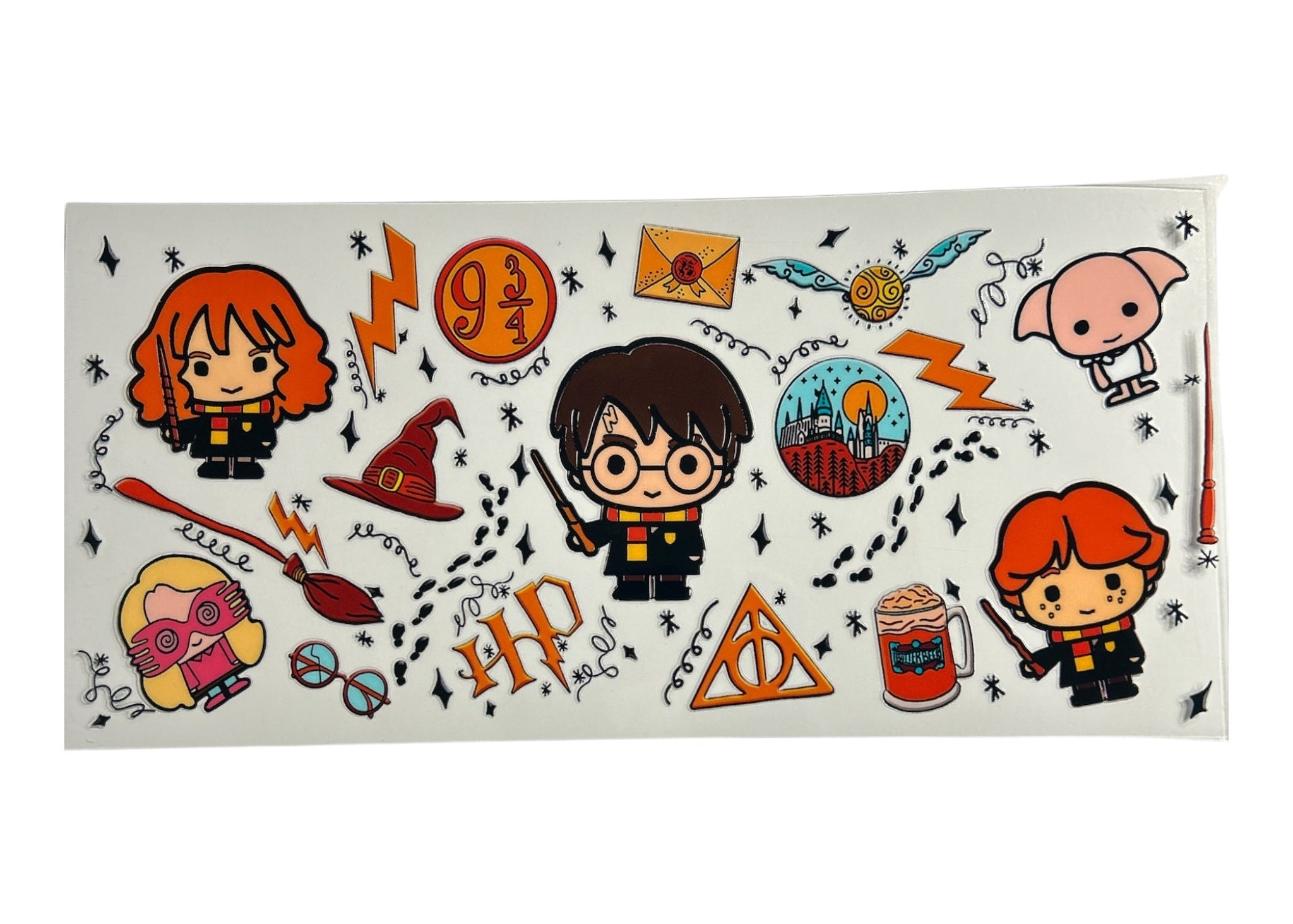 Cartoon-style Harry Potter characters and elements on a white background