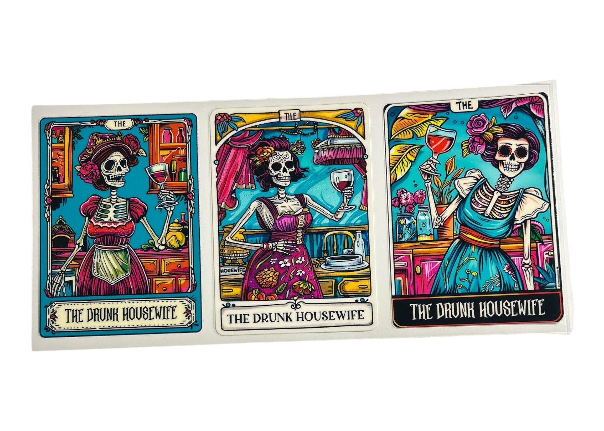 Three colorful cards featuring skeletons labeled 'The Drunk Housewife' on a white background.