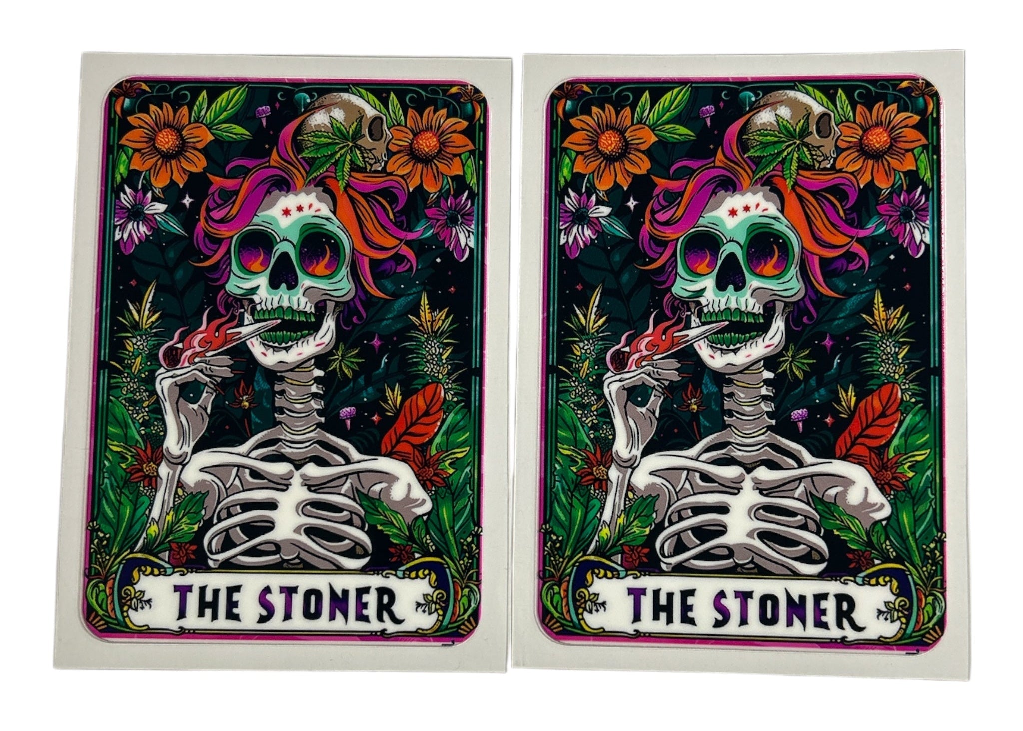 Cup Decals with "The Stoner" tarot cards with a skeleton and other stoner elements