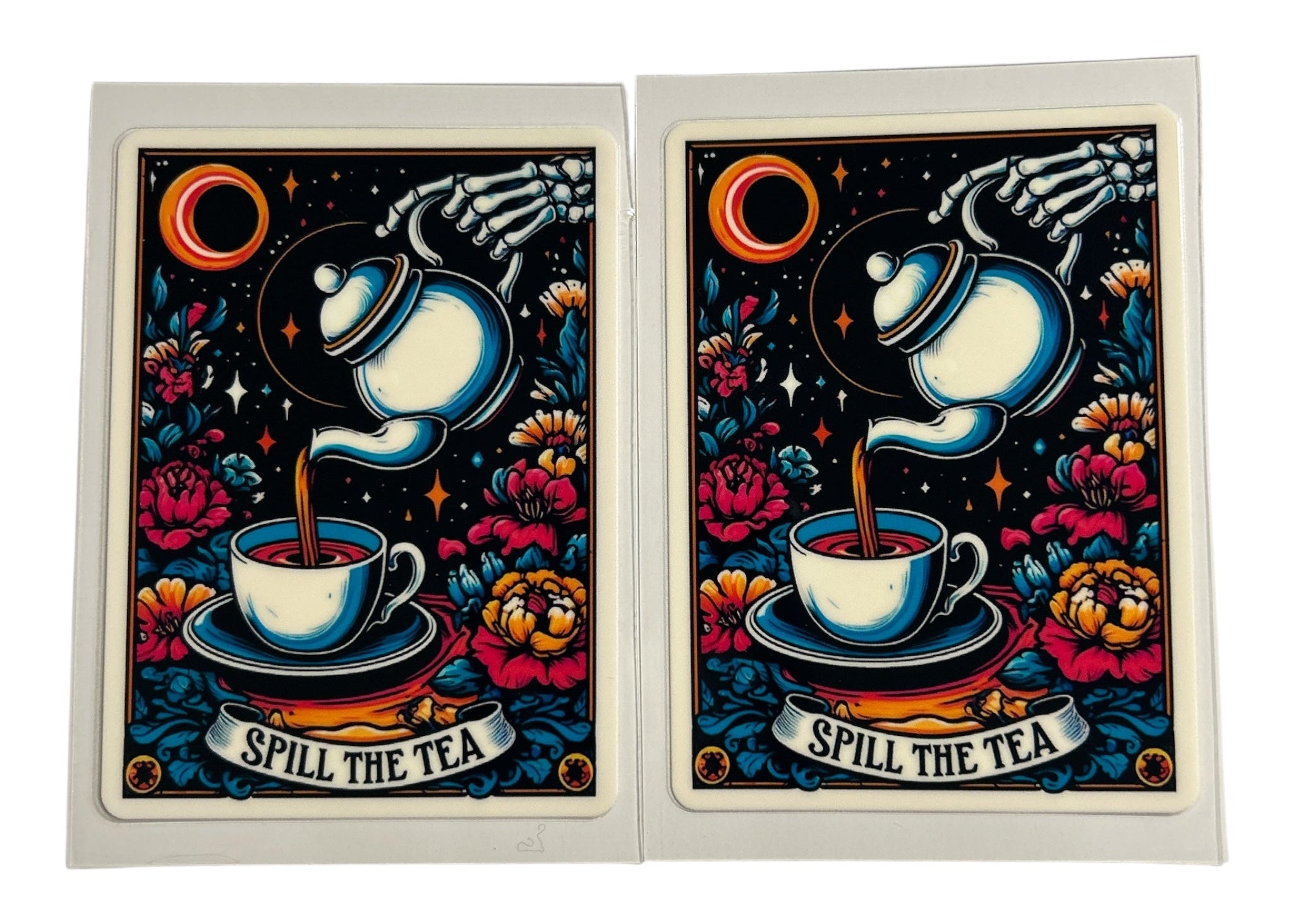 Spill the Tea Tarot Card cup wrap featuring a skeleton hand pouring tea