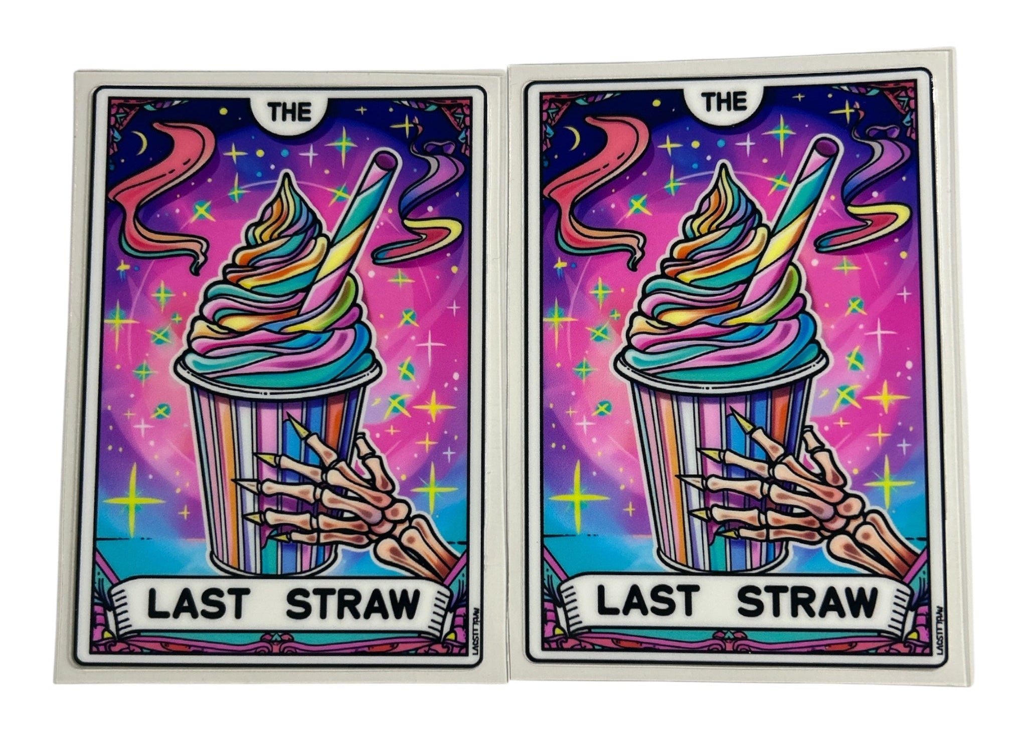 Tarot Card cup decals featuring a skeleton hand holding a colorful cup with straw and the text "Last Straw"