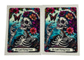 Tarot card cup decals featuring a skeleton with a butterfly and the text 'My Last Flying Fuck'