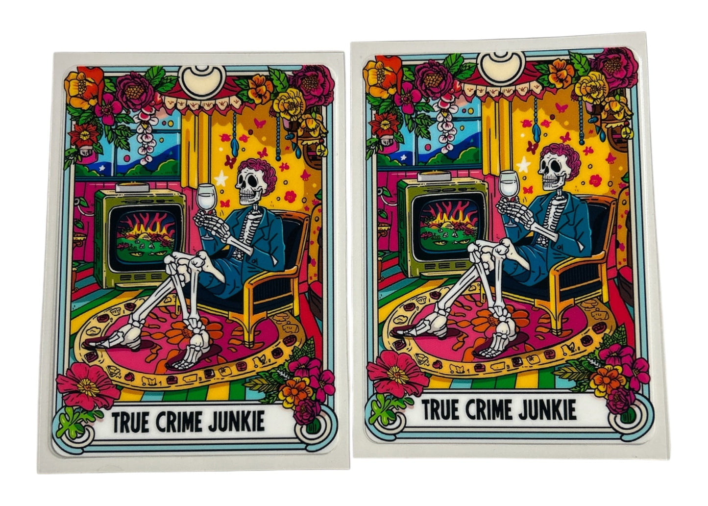 Two colorful stickers with skeletons and 'True Crime Junkie' text on a white background