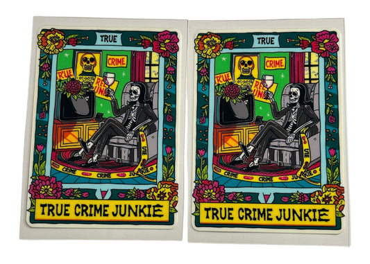 Two identical cards featuring a skeleton, flowers, and text on a white background