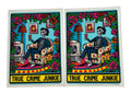Two identical cards featuring a skeleton in a chair with 'True Crime Junkie' text on a colorful background.