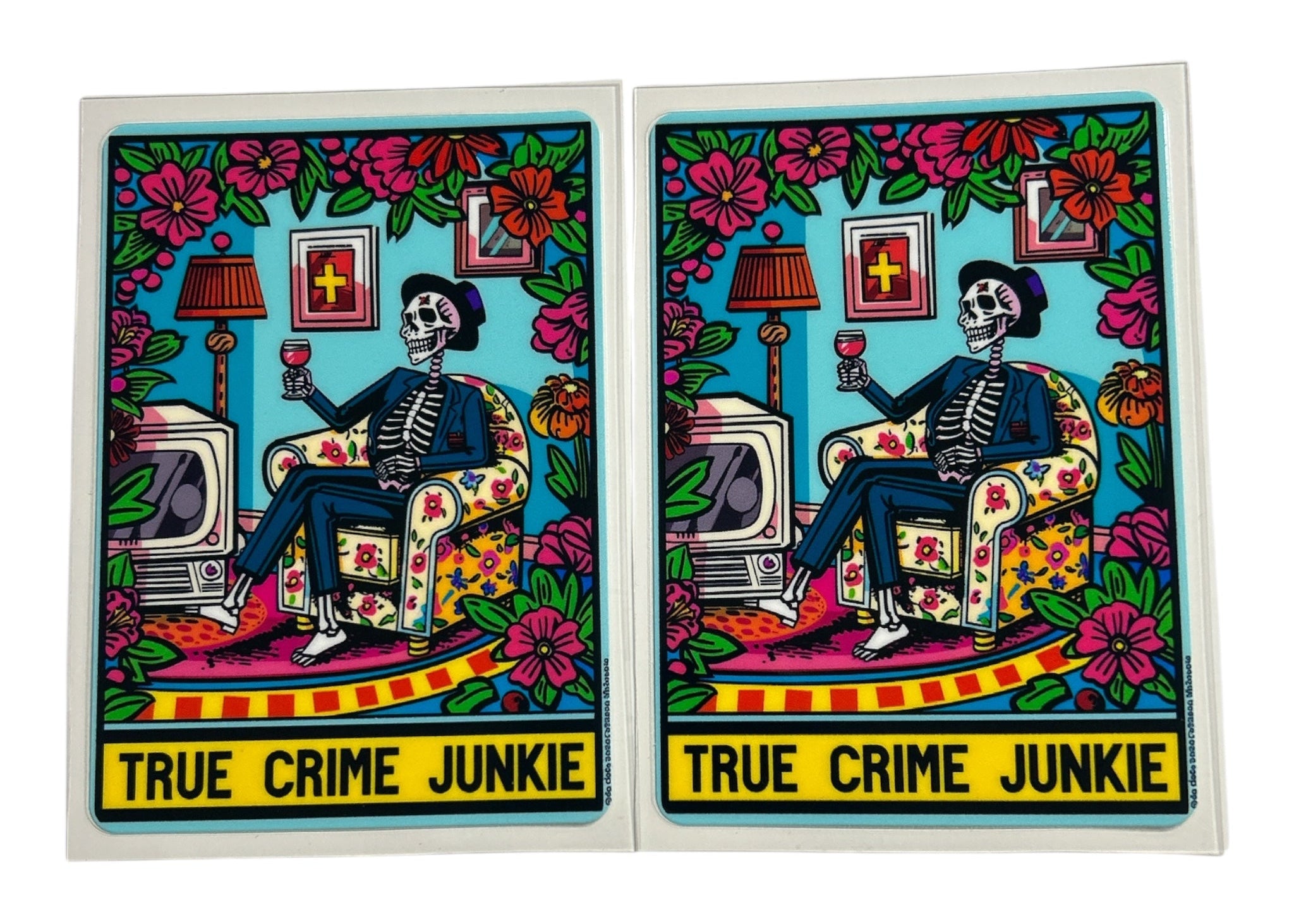 Two identical cards featuring a skeleton in a chair with 'True Crime Junkie' text on a colorful background.