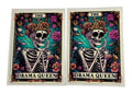 Two cards featuring a skeleton with flowers and the text 'The Drama Queen' on a white background.